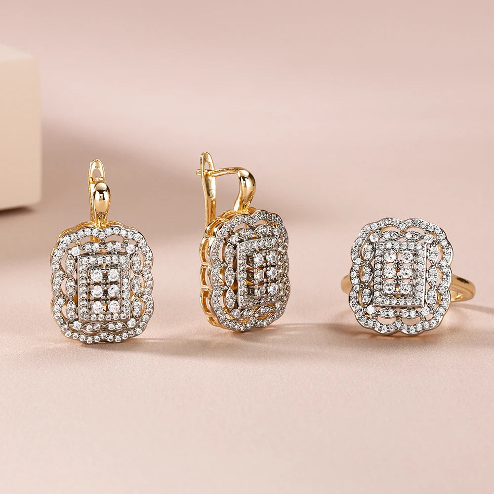 Square hollow inlaid zircon earrings ring set copper plated 14K gold luxury fashion jewelry banquet wedding Christmas gift