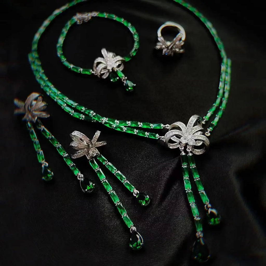 Luxury Micro-inlaid Full Zircon Long Tassel Earrings Bowknot Simulated Emerald Necklaces Bracelets Rings Jewelry Sets For Women