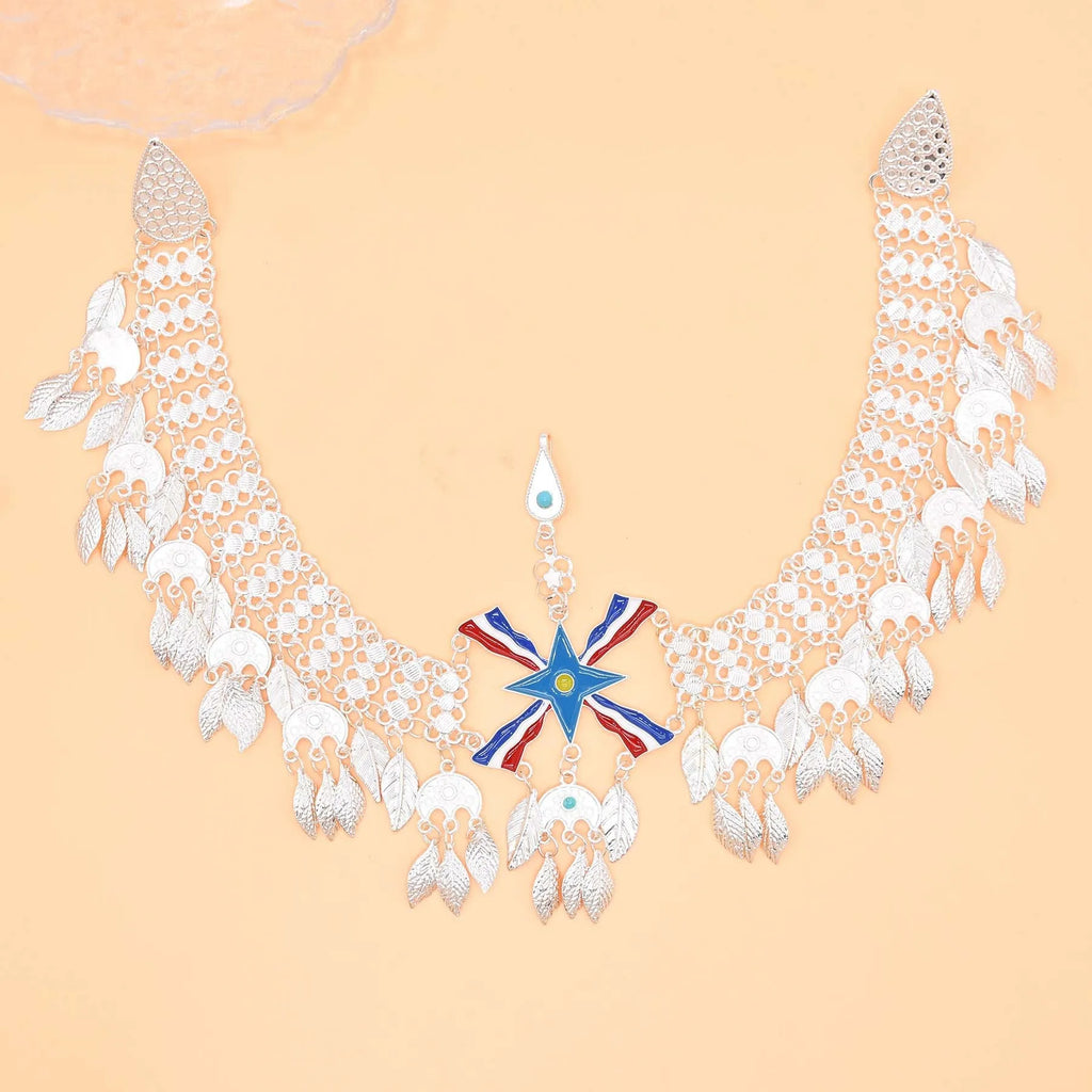 Silver Plated Assyrian Belt Hair Accessories Earrings for Women Kurdish Assyria Ethnic Colorful Flag Leaf Tassel Jewelry Sets