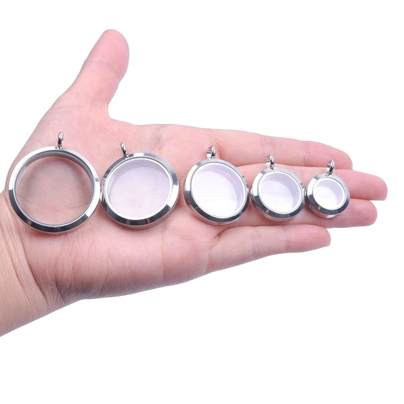 5Pcs 20-40mm Stainless Steel Glass Memory Cremation Urn Locket Pendant Openable Round Reliquary Photo Medaillon Colgantes