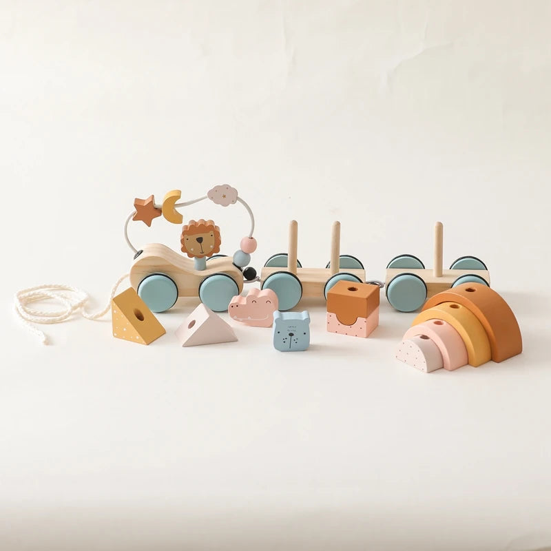 Wooden Montessori Toys Animal Block Dragging Stars Moon Surround Train  Hand Coordination Stacking Toy Handmade Decoration Gifts
