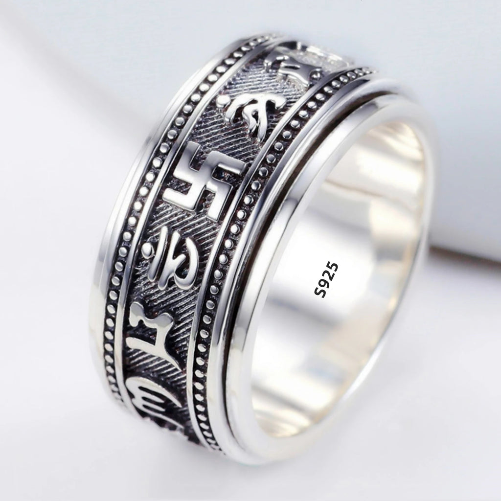 S925 Sterling Silver Ring Men Women Retro Buddhist Six-Character Great Mantra Ring Male Female Amulet Jewelry Exquisite Gift