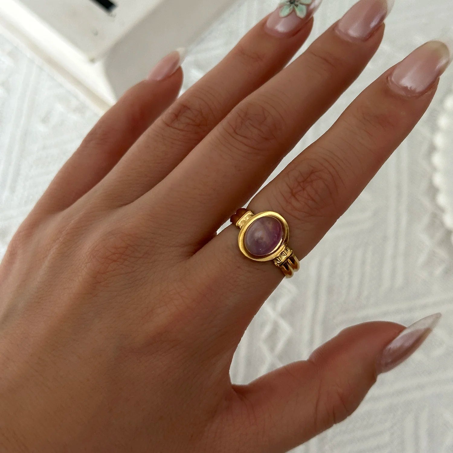 Stainless Steel French Vintage Ethnic Color Gemstone Ring for Women Punk Personality Stackable Open Finger Ring Hand Jewelry