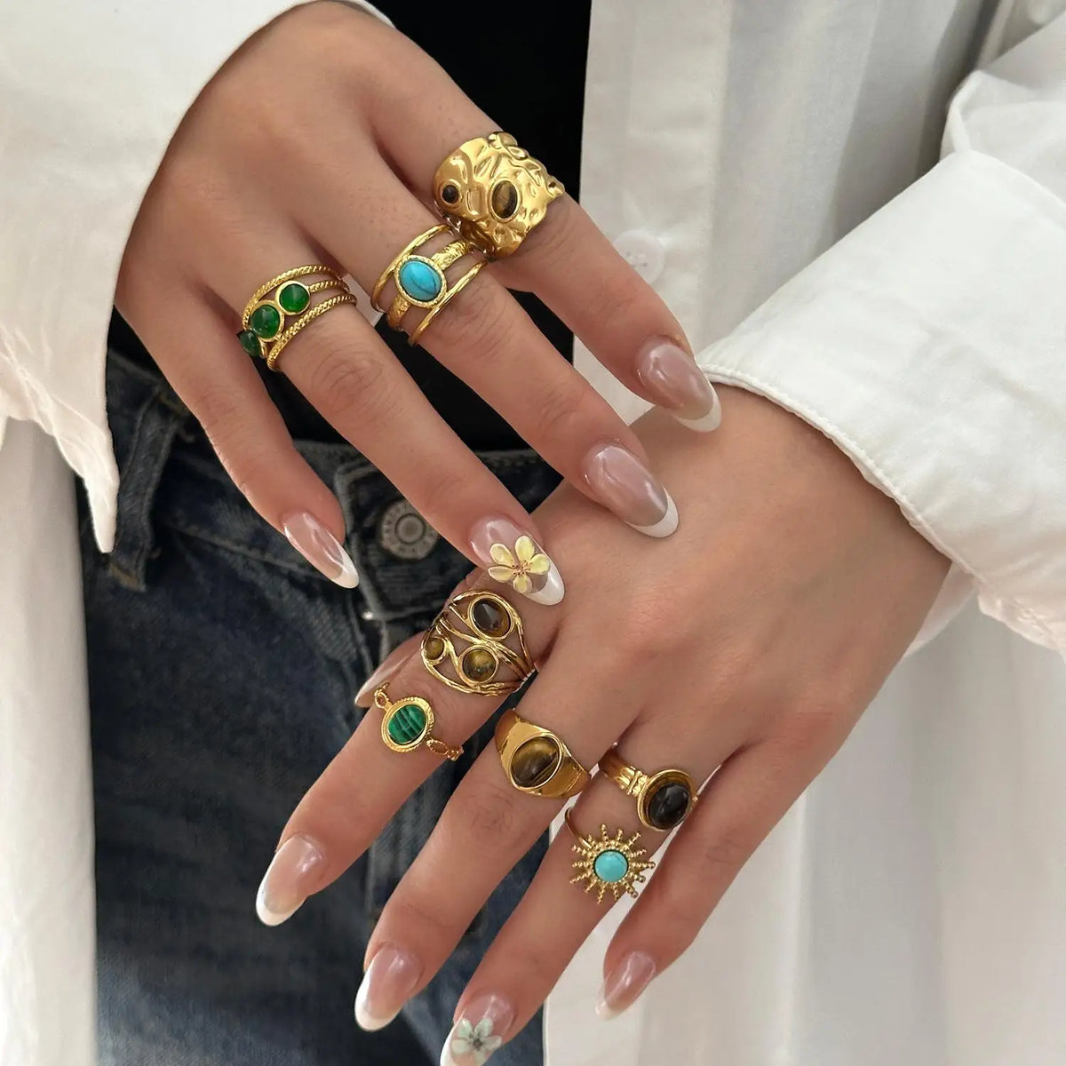 Stainless Steel French Vintage Ethnic Color Gemstone Ring for Women Punk Personality Stackable Open Finger Ring Hand Jewelry