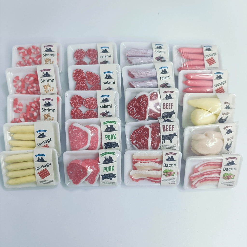 New 1BOX 1/12 Dollhouse Miniature Supermarket Food Simulation Beefsteak Salmon Bacon Chicken Beef Roll for Doll House Accessorie