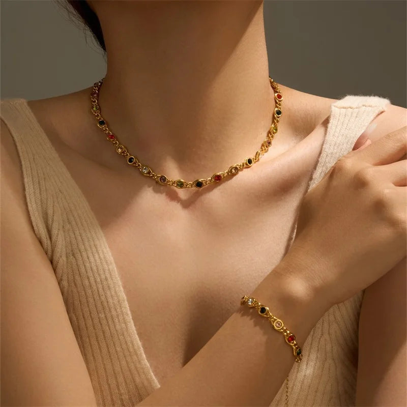 EILIECK 316L Stainless Steel Metal Colored Zircon Chain Necklace Bracelet Set For Women Fashion Statement Waterproof Jewelry