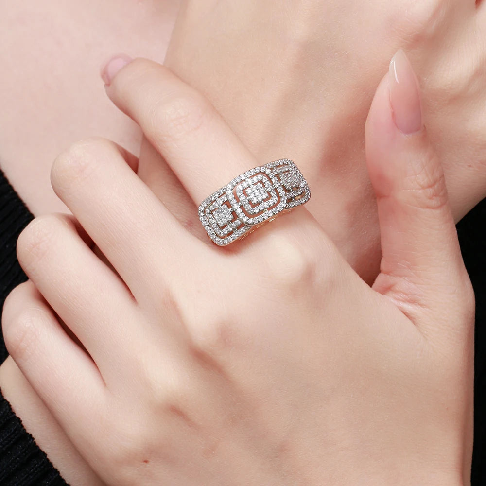 Square inlaid zircon large earrings and ring set copper-plated 14K gold ladies elegant fashion jewelry three-piece set