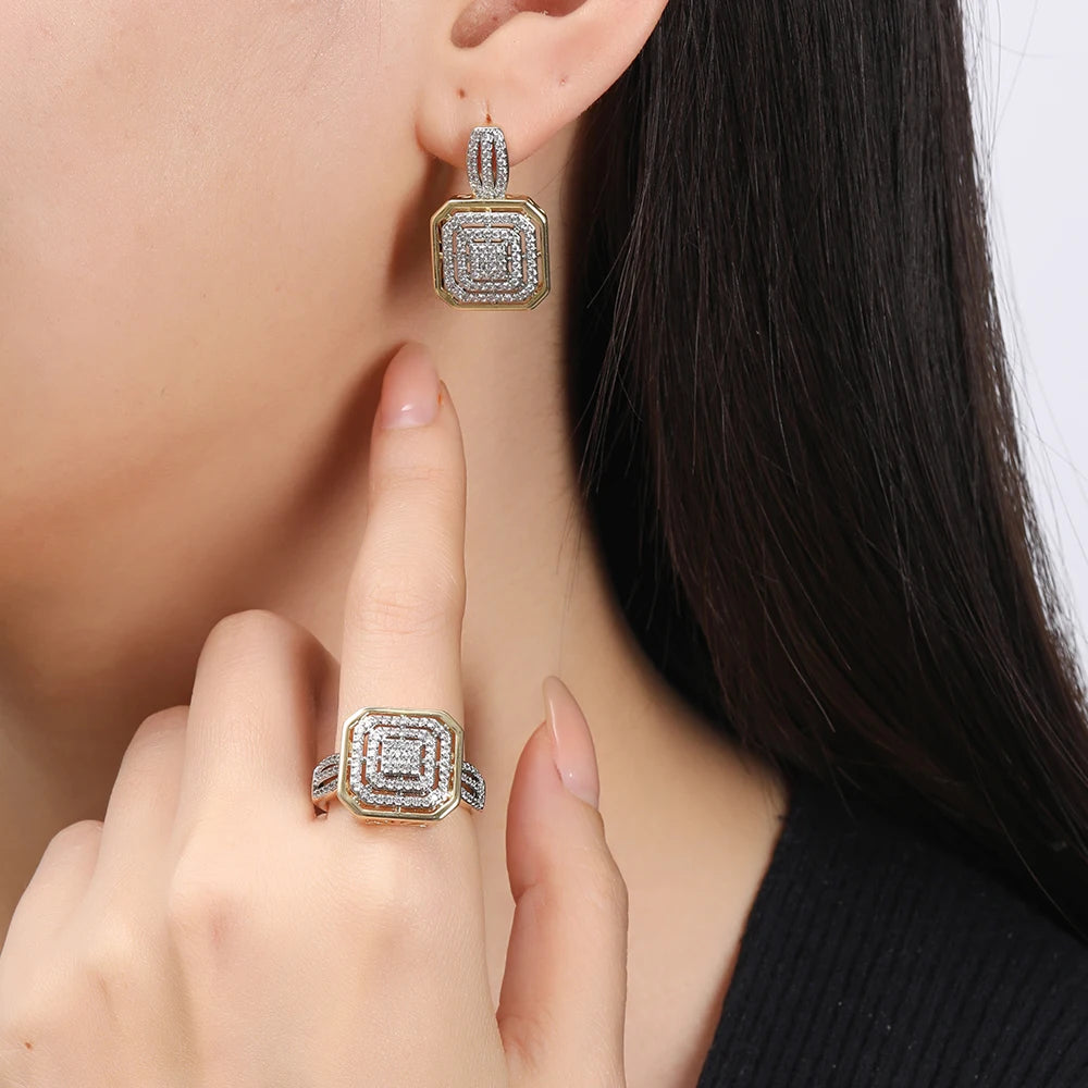 Square hollow design inlaid zircon earrings and ring set retro fashion jewelry copper plated 14K gold banquet holiday decoration