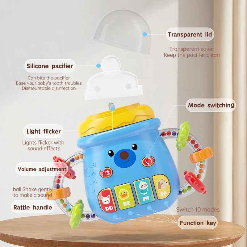Baby Musical Pacifier Rattle Toys Early Educational Feeding Bottle Soft Teether Light Soothing Shaker Newborn