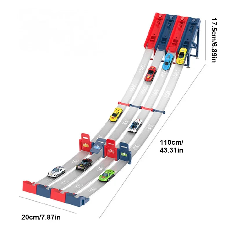 1/2/4 Tracks Mini Car Eject Toy for Boys Portable Rail Race Track Toy 4 Race Diecast Car Carrier Vehicles Set for Kids Boys Gift
