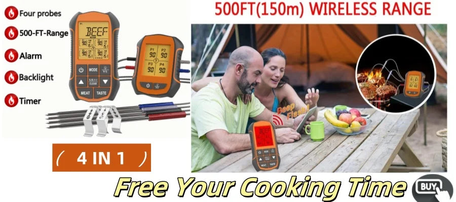 2 In 1 Long Cable Meat Thermometer Digital Waterproof Kitchen Cooking Tools Food Fast Measure Thermometer 2 Probes BBQ Grill Oil