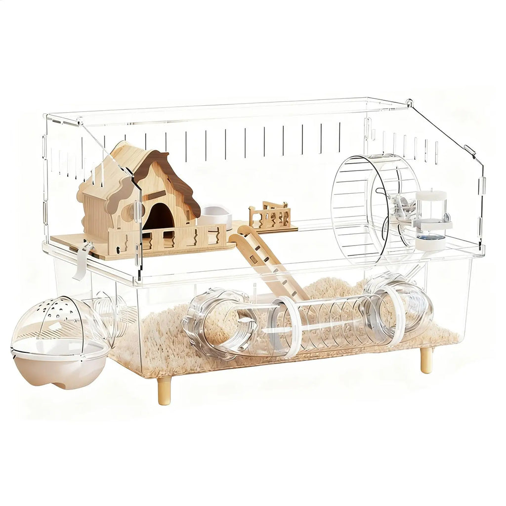 Hamster Cage 2-Layer Clear Acrylic Pet Habitats Hamster Enclosure for Indoor Outdoor Home Yard Breeding Observation Pet Shop
