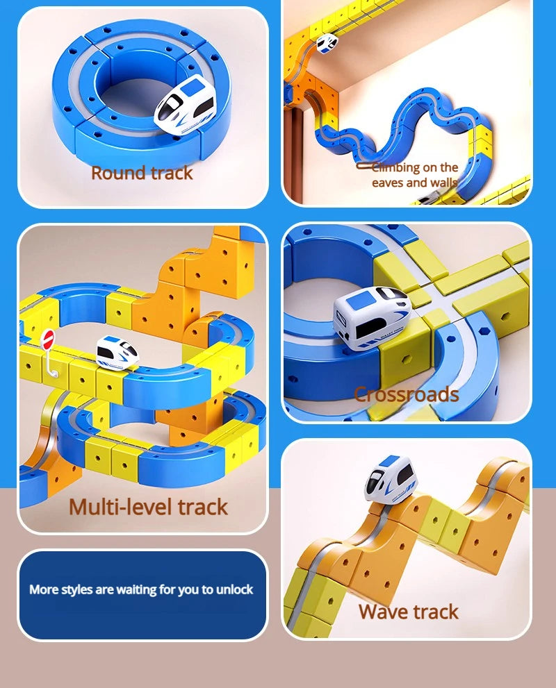 DIY Electric Magnetic Track Set With High-Speed Rail Vehicles STEM Building Game Puzzle Cube Toy for Children Gift(1-100+pieces)
