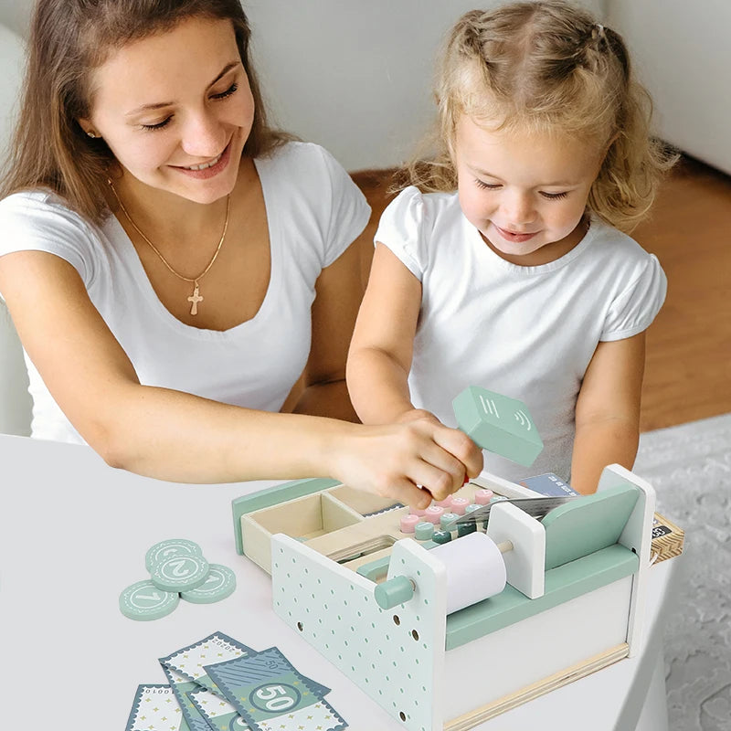 Kids Wooden Simulation Supermarket Checkout Counter Toy Cash Register Kids Role-Play Toys Kitchen Toys Girls Pretend Play