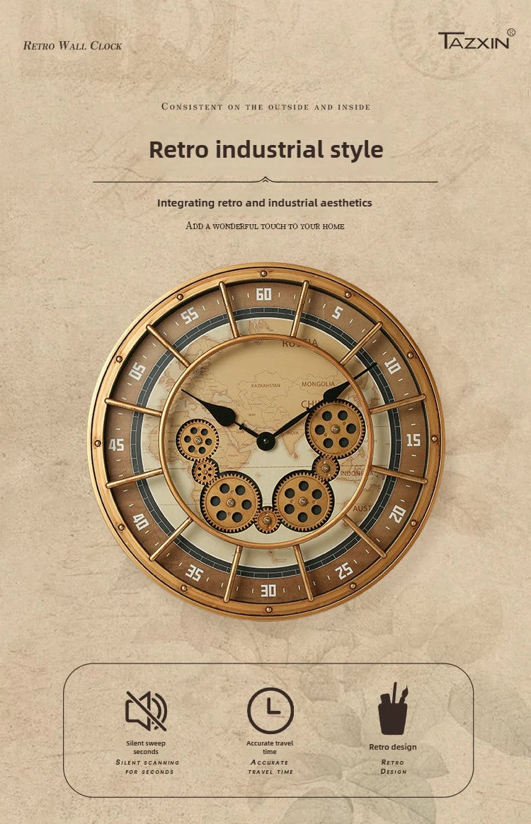 46cm Real Moving Gears Wall Clock Large Industrial Steam Punk Roman Numeral Wall Clock Living Room Home Decoration Quartz Clock
