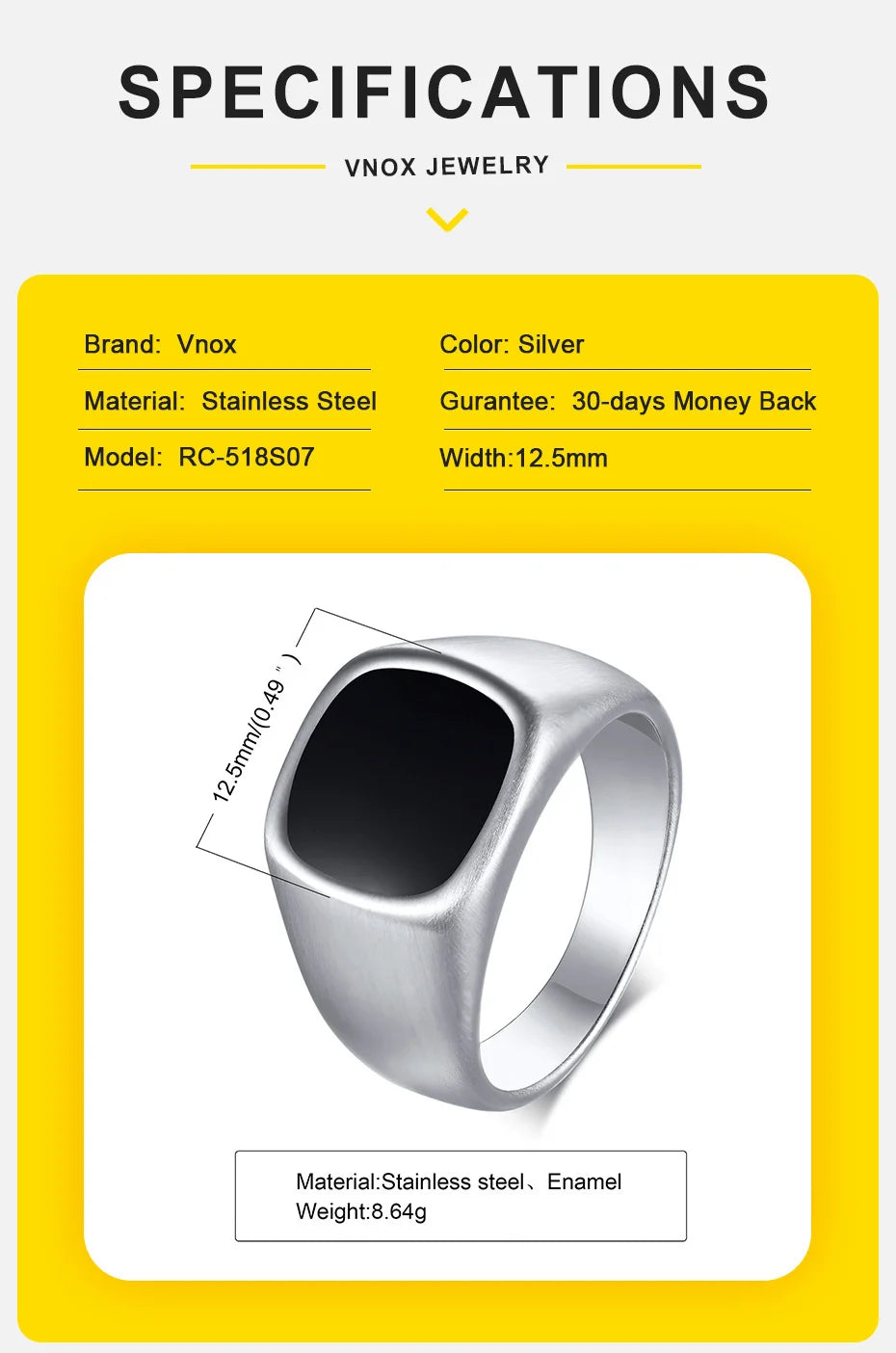 Vnox 12.5mm Signet Ring for Men, Black Square Top Stainless Steel Finger Band, Gothic Punk Rock Boy Stamp Rings