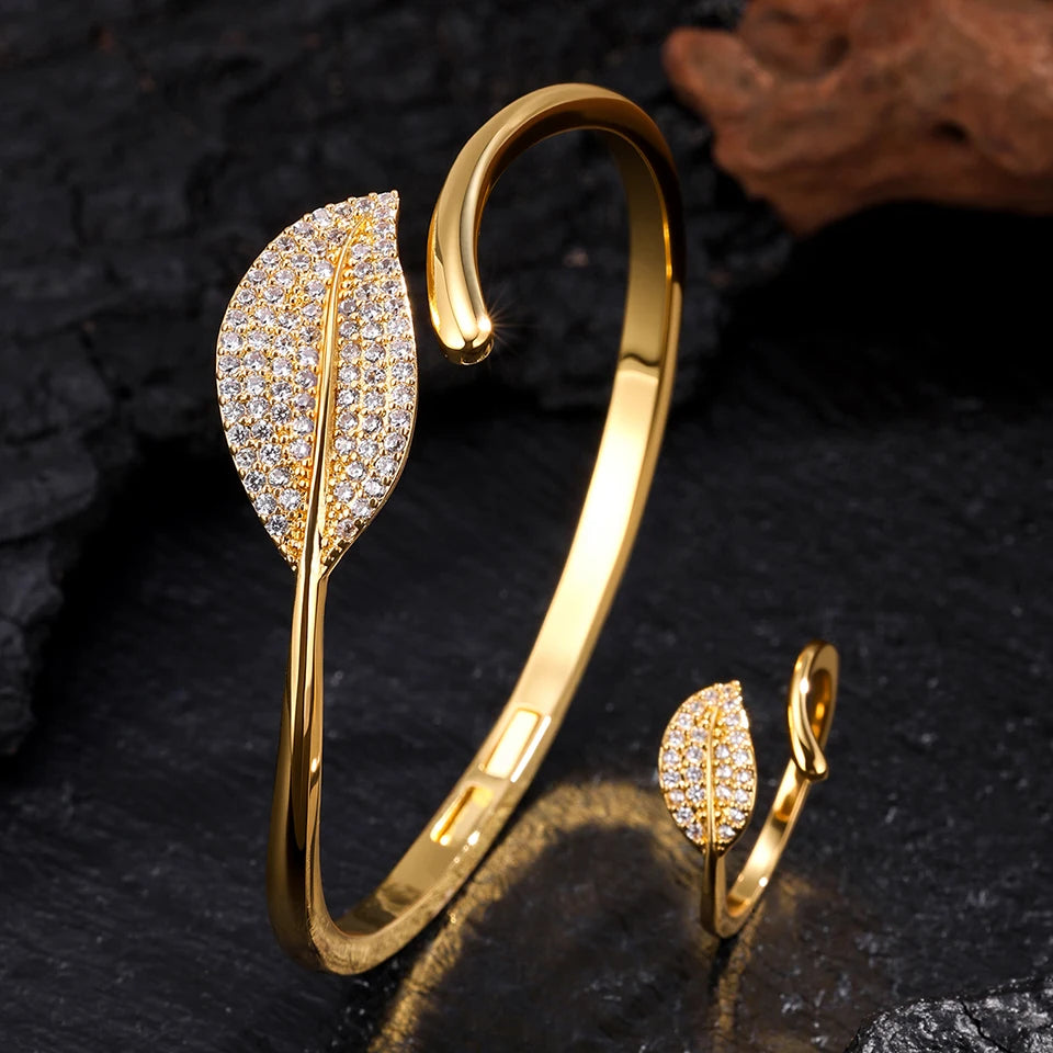ZAKOL 9 Styles Golden Open Bracelet Ring Jewelry Set Geometric Shiny Zircon 18K Gold Plated Middle East Wedding Party Jewelry