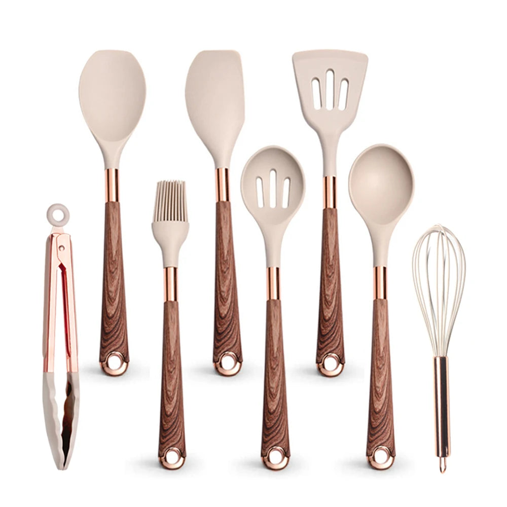 Gold Plated Handle Silicone Cooking Utensils Set Kitchen Non-stick Tool Gadgets BPA FREE Kitchenware Heat Resistant Spatula Set