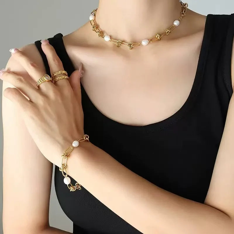 EILIECK 316L Stainless Steel Metal Colored Zircon Chain Necklace Bracelet Set For Women Fashion Statement Waterproof Jewelry