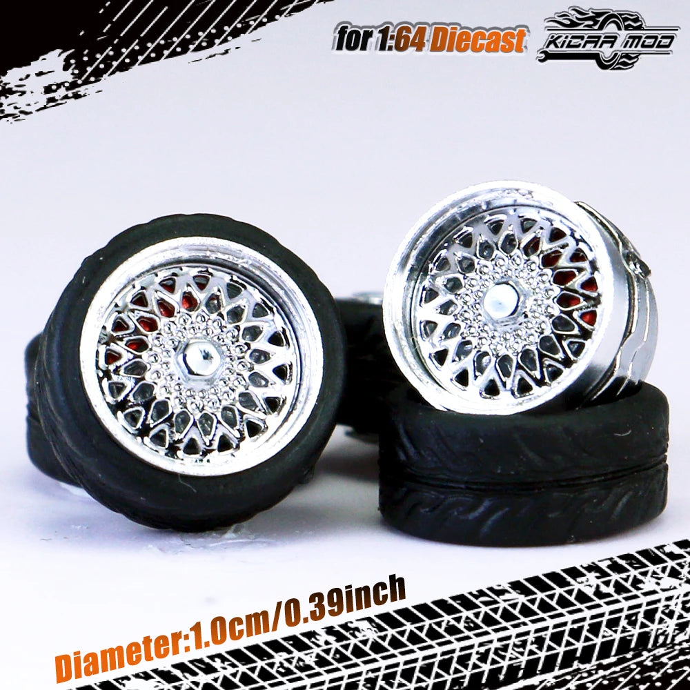 Kicarmod 1/64 Model Car ABS Wheels with Rubber Tire Brake Disc Metal Rims Diameter 10mm Refitting Parts For Model Car