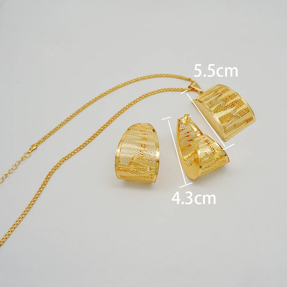 Fashion Dubai Jewelry Sets Gold Color Pendant Copper Classic Earrings Necklace For Women Daily Wear Party Anniversary Gifts