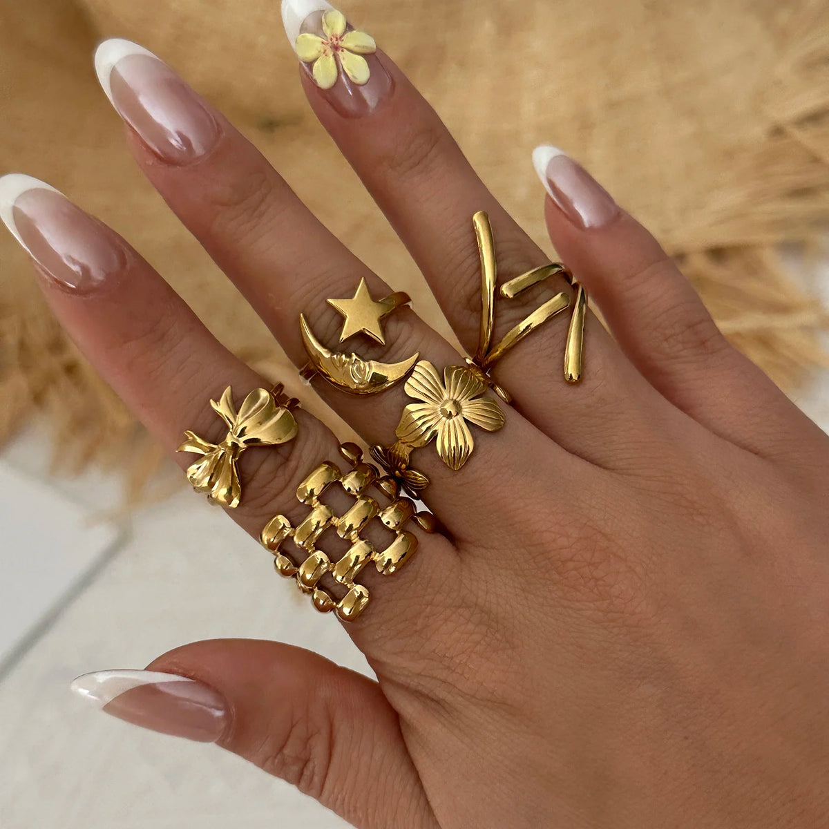 Gmai PVD Plated Stainless Steel Open Rings Set for Women Vintage Sun Leaf Shell Geometric Cuff Ring Hypoallergenic Jewelry Gift
