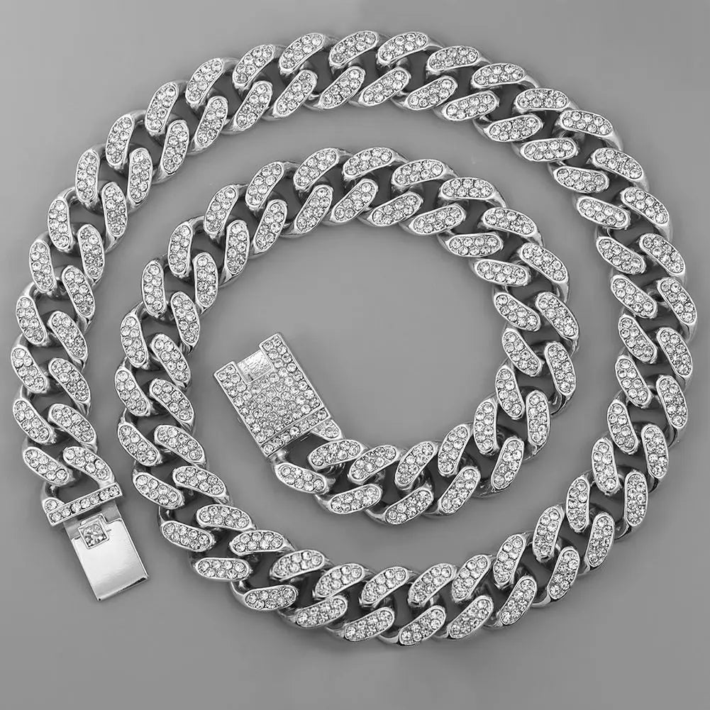 13/14/20MM HipHop Iced Out Chain Cuban Link Chain Necklace For Men Gold Silver Color Rhinestone Pave Men's Birthday Jewelry Gift