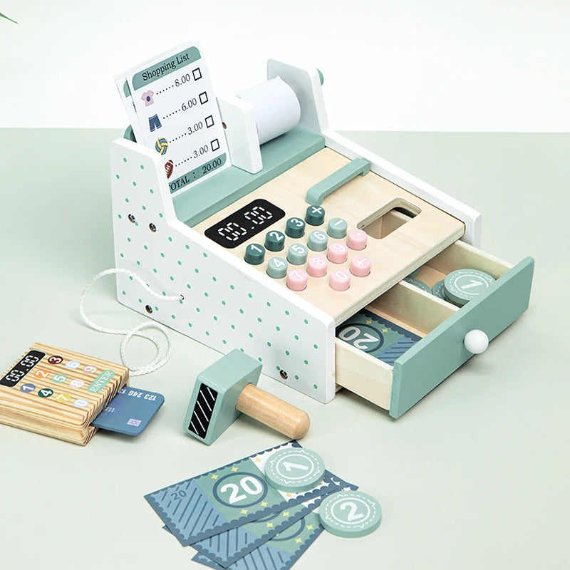 Kids Wooden Simulation Supermarket Checkout Counter Toy Cash Register Kids Role-Play Toys Kitchen Toys Girls Pretend Play