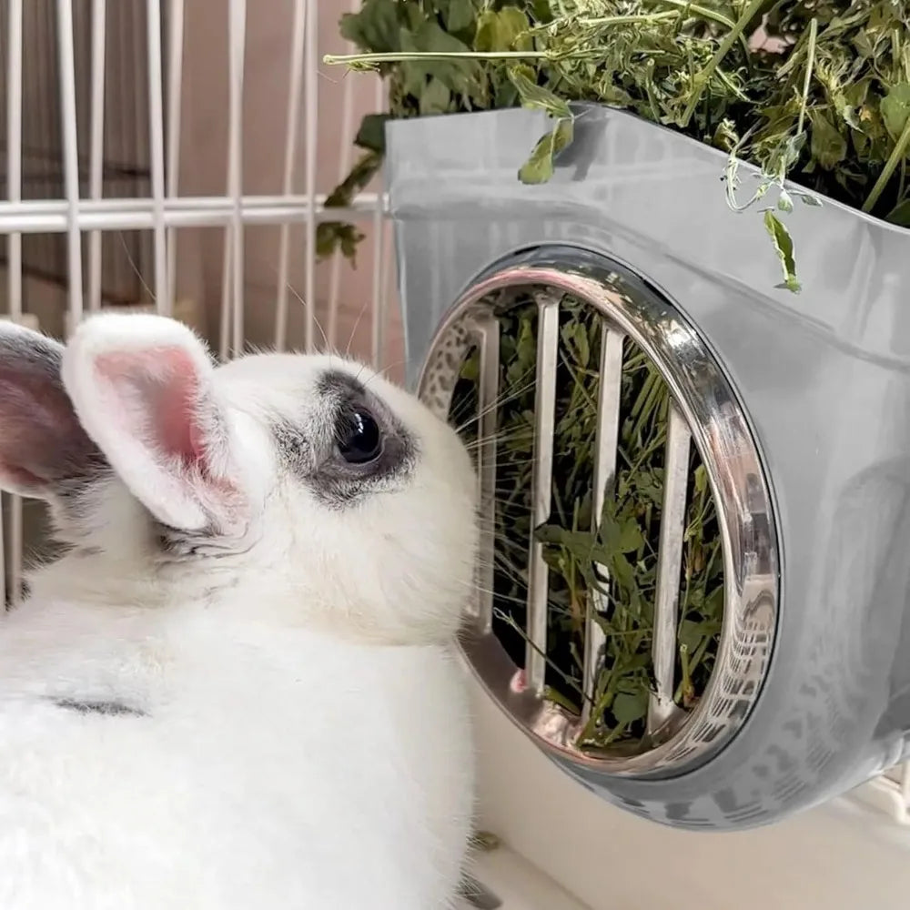 Small Animal Hay Feeder Chew-Proof ABS Stainless Steel Grid Alfalfa Rack for Rabbit Bunny Guinea Pig Chinchilla Cage Hutch Crate
