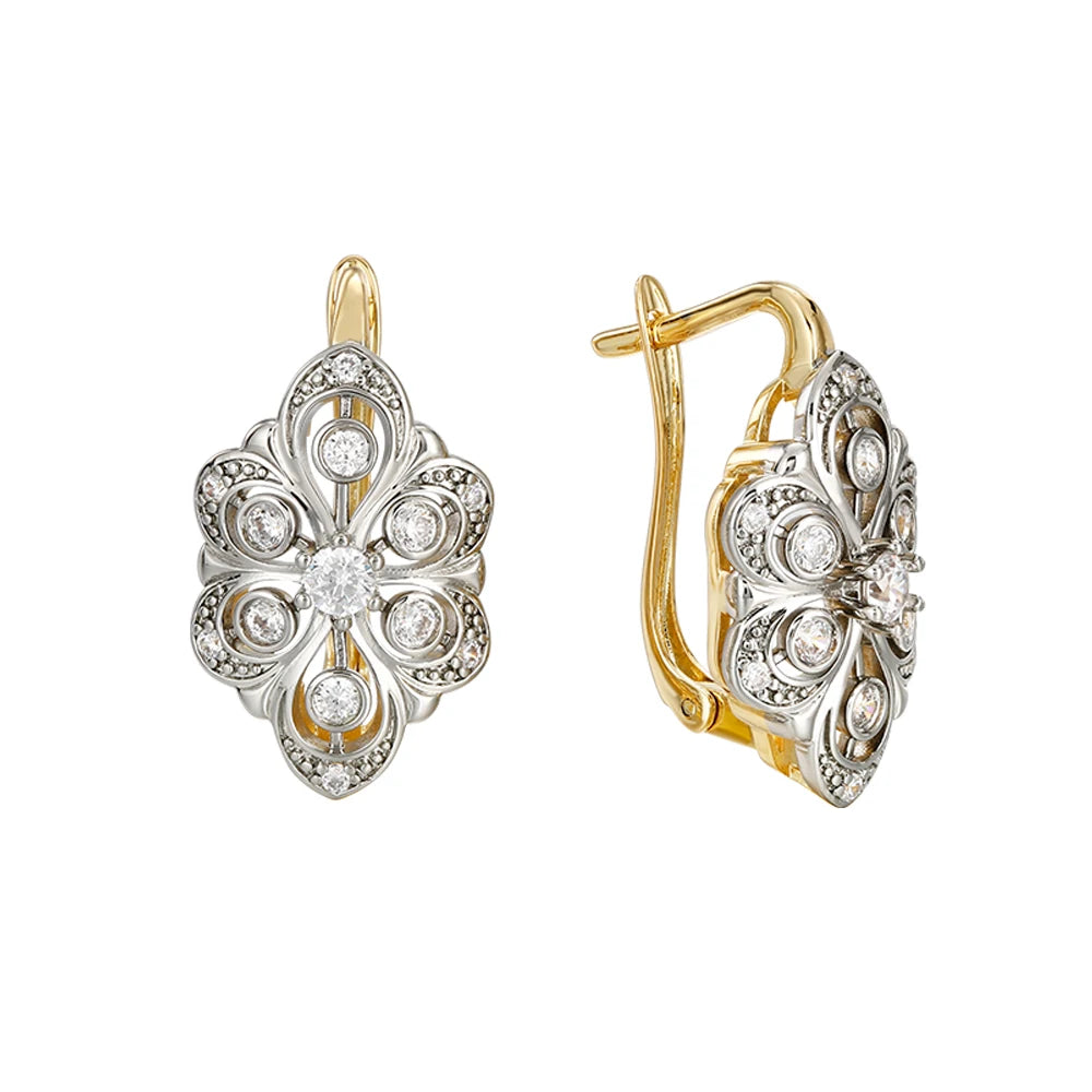 Petal design inlaid with zircon two-tone set earrings ring copper plated 14K gold retro fashion jewelry banquet holiday gift