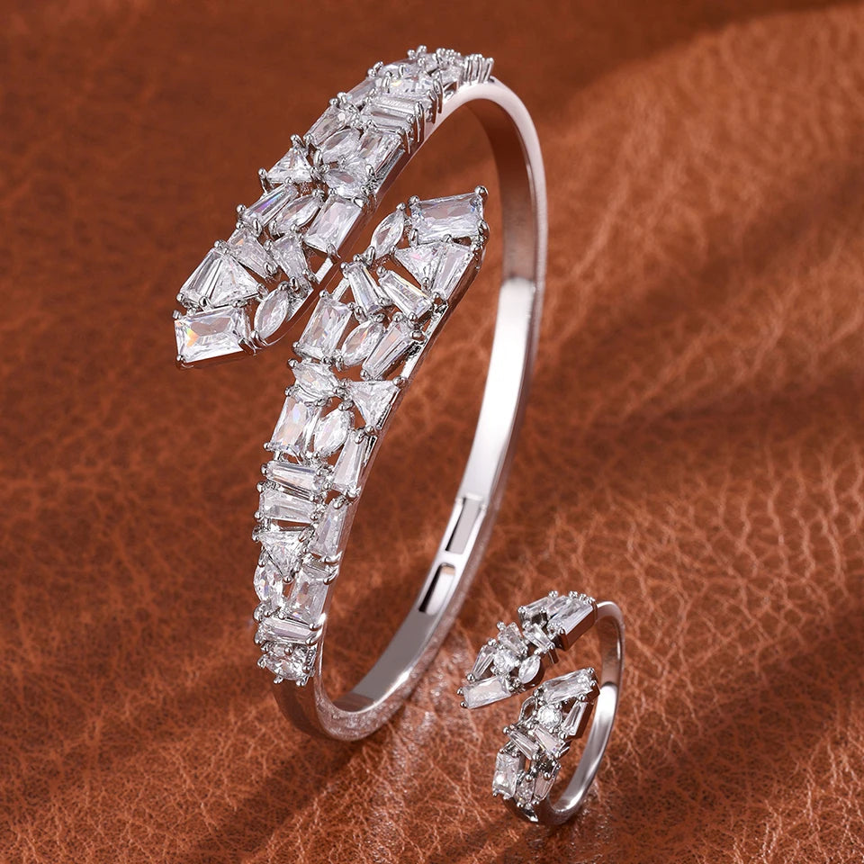 ZAKOL 9 Styles Slivery Open Bracelet Ring Jewelry Set Luxury Shiny Zircon Middle East Trendy Jewelry for Women Gift
