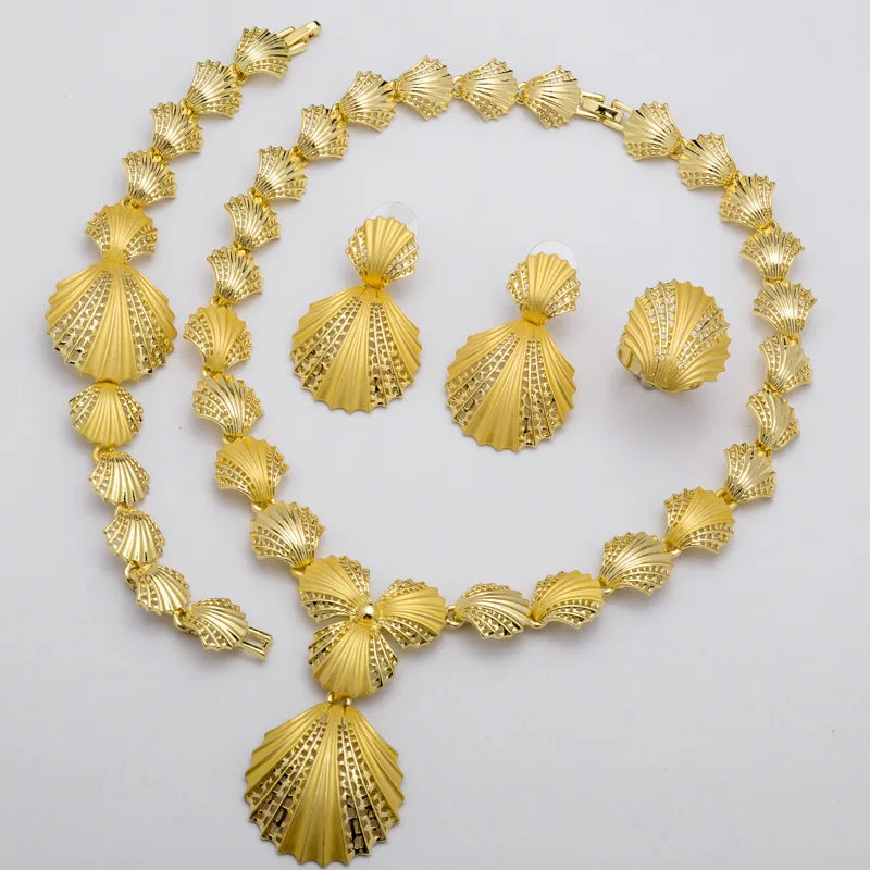 Sunny Jewelry Set Costume Shell Earrings Necklace Bracelet Ring Simple Design Gold Plated For Women Bridal Wedding Party