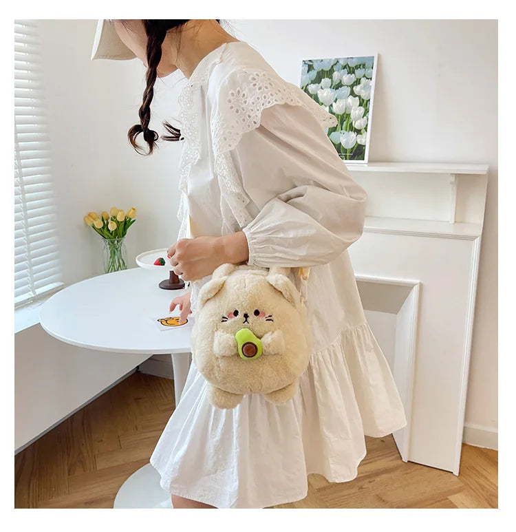 New Rabbit Kitten Plush Toy Backpack Stuffed Animal Rabbit Hold Peach Cat Hold Avocado Portable Shoulder Bag Girl Birthday Gifts