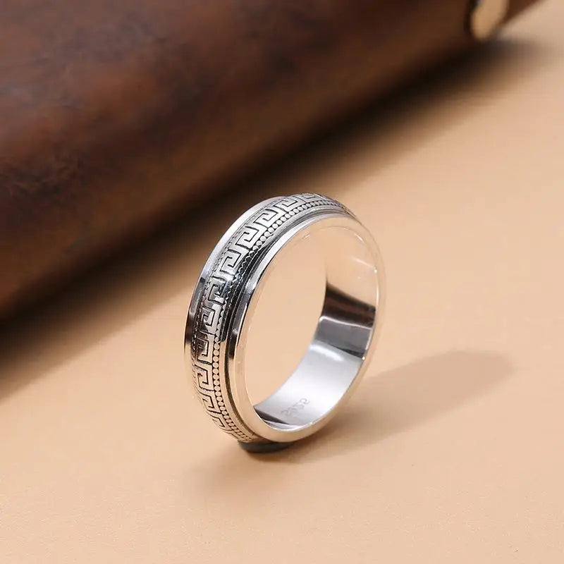Factory Price S925 Sterling Silver Movable Great Wall Pattern Ring Men Women Real Silver Double-layer Rotatable Rings Jewelry