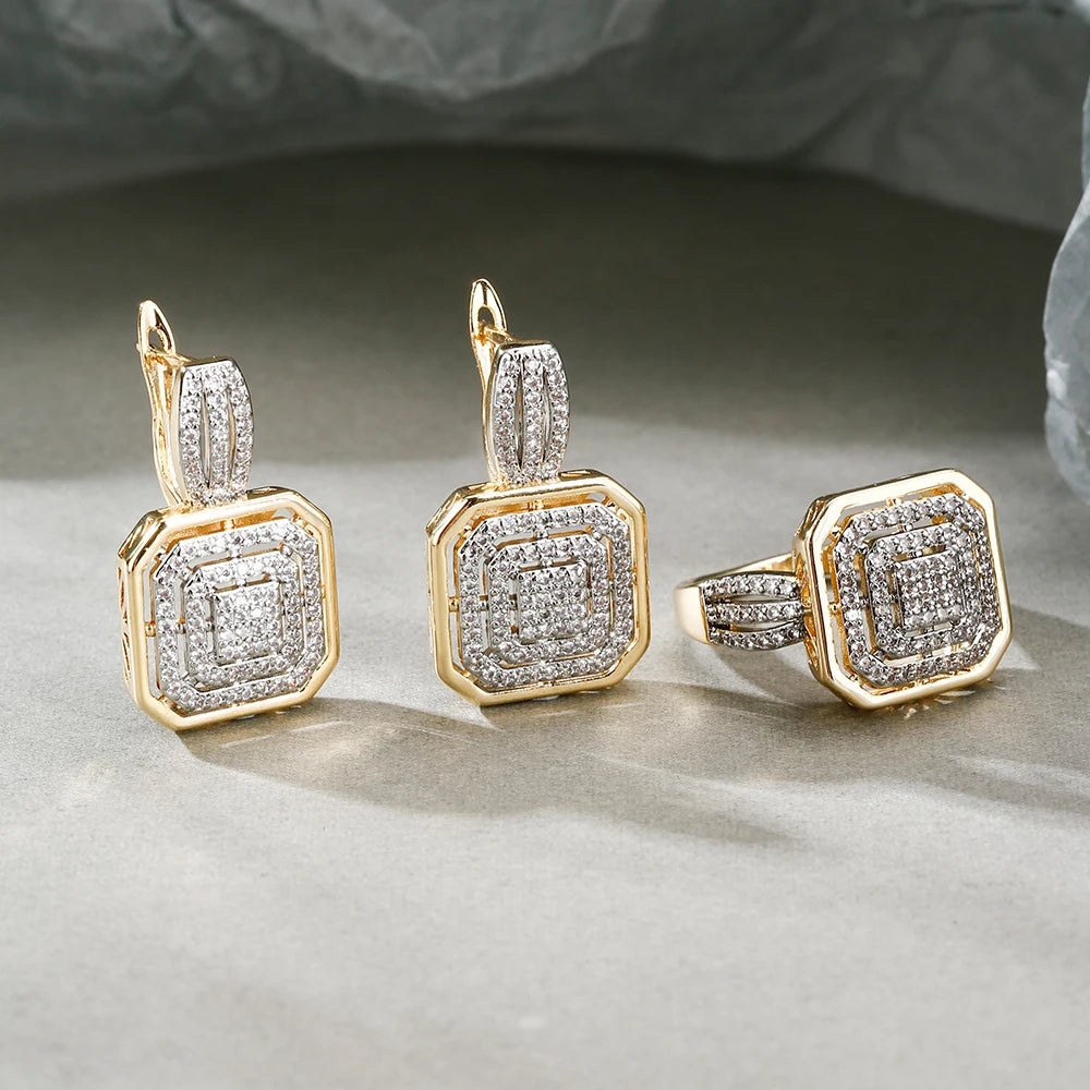 Square hollow design inlaid zircon earrings and ring set retro fashion jewelry copper plated 14K gold banquet holiday decoration