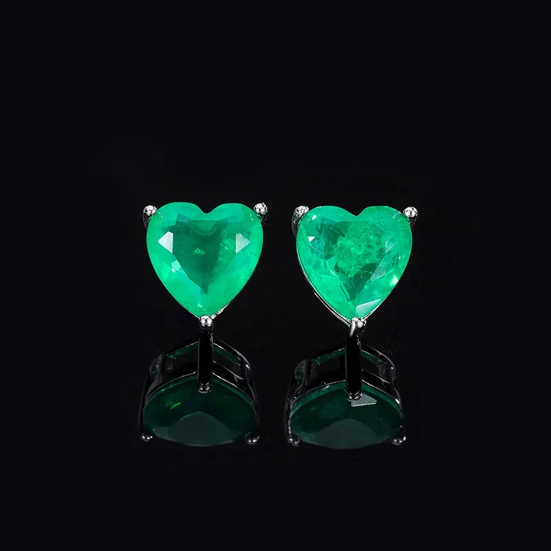 925 Sterling Silver Paraiba Emerald Simple Heart Necklace Earrings for Women Girls Vintage Tourmaline Gemstone Part Jewelry Set