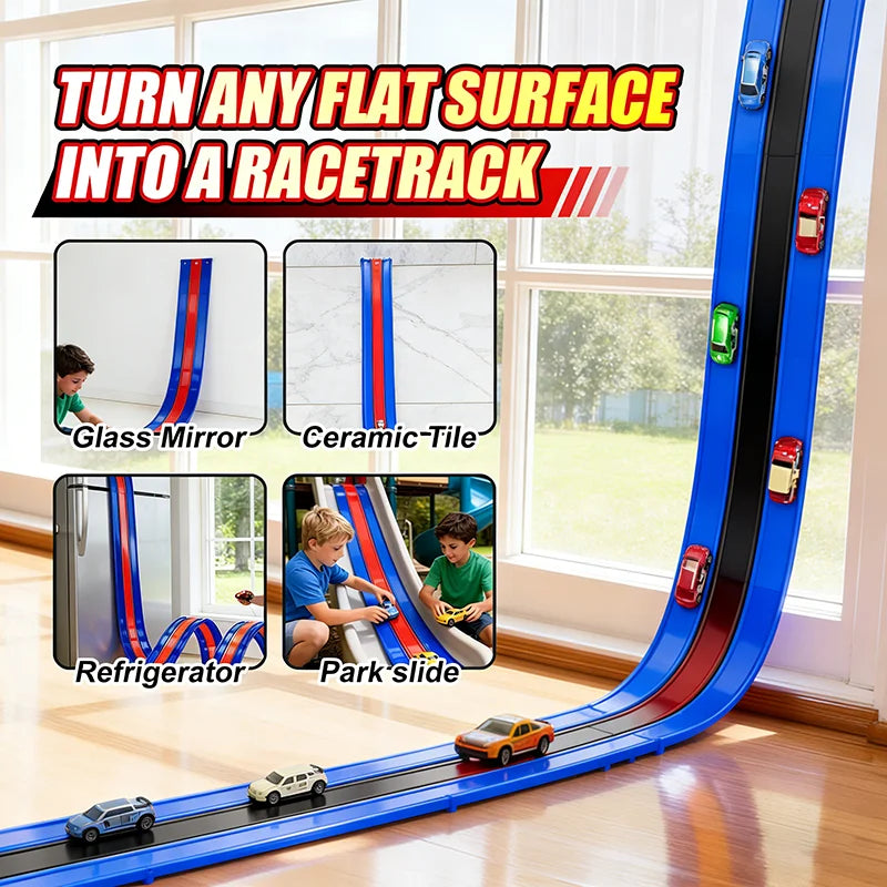 3-Lane Flexible Race Tracks Toy Kid Flex Race Track Vehicle Playsets Compatible 1/64 Cars Portable Roll Up Ramp Tracks Boys Gift
