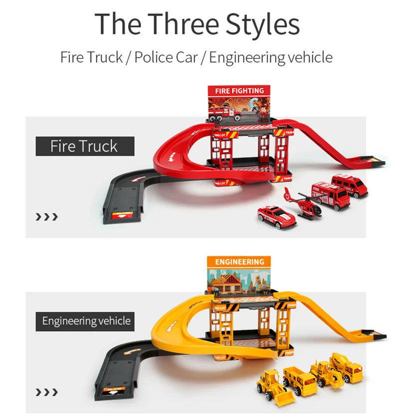 Track Parking Lot Toys Multi-Storey Rail Car Parking Building Fire Police Engineering Vehicle Car Children's Toys