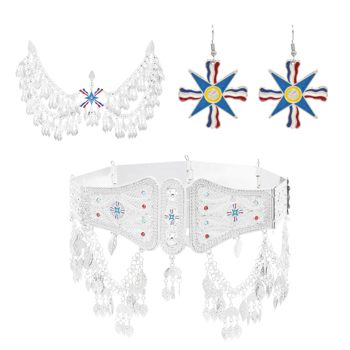Silver Plated Assyrian Belt Hair Accessories Earrings for Women Kurdish Assyria Ethnic Colorful Flag Leaf Tassel Jewelry Sets