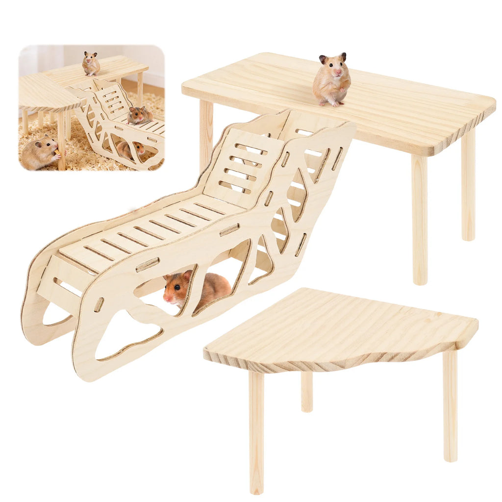 3Pcs Hamster Platform Natural Wood Hamster Climbing Toy with Ramp Tunnel Shelter Small Pet Resting Area Hamster Cage Accessories