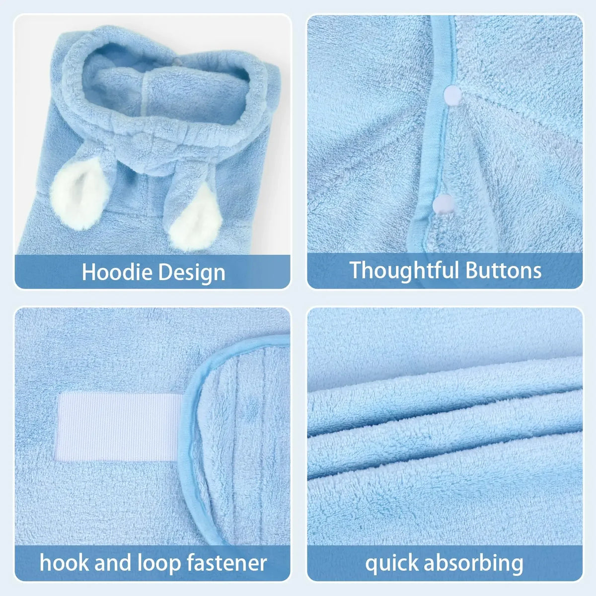 Pet Bathrobe for Dogs and Cats Super Absorbent Pet Dog Bath Towel Hooded Coat Adjustable Collar and Belly StrapXS To L