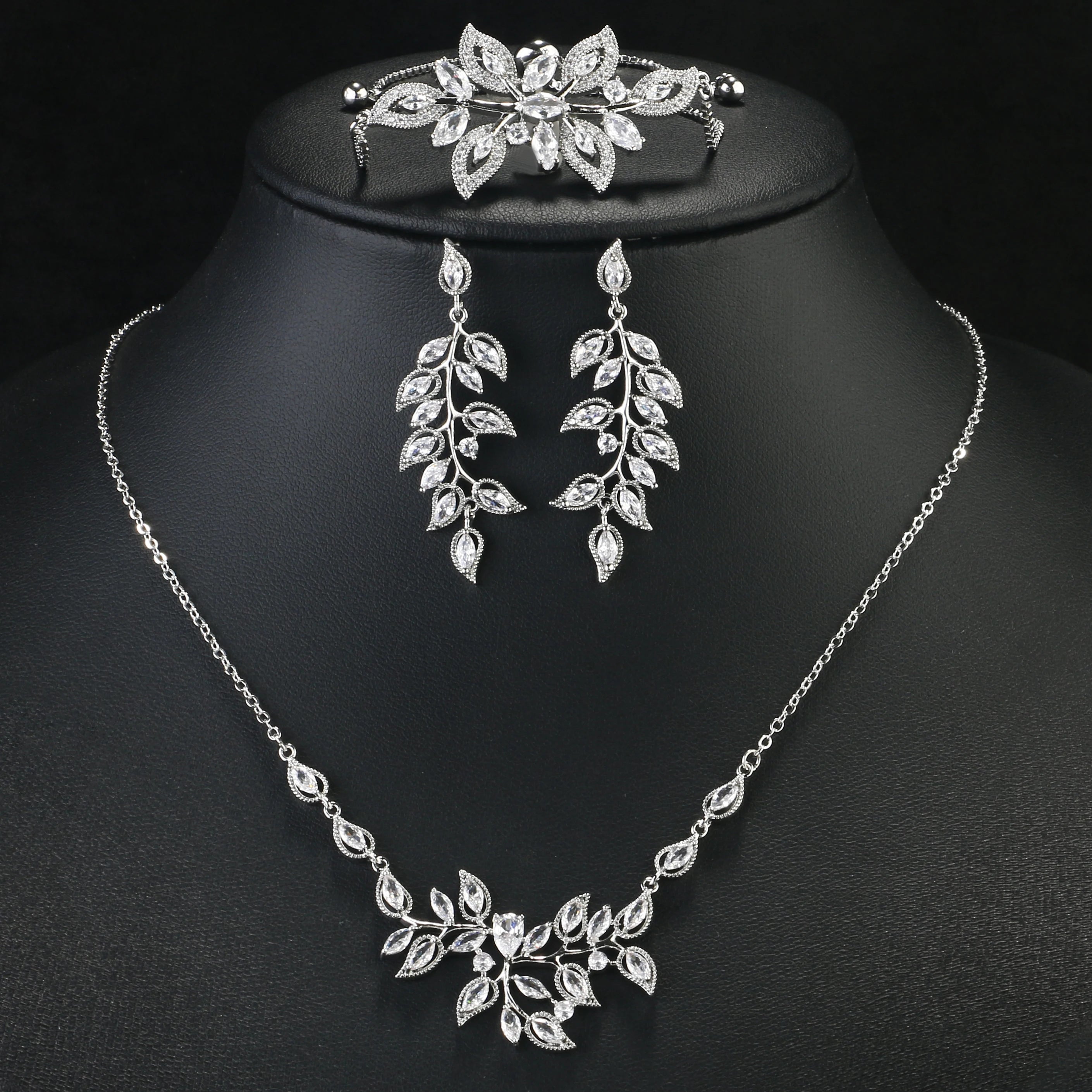 ZAKOL Luxury Brilliant Zirconia Leaf Necklace Earrings Rings Bracelets Set for Women CZ Drop Bridal Wedding Jewelry Sets New