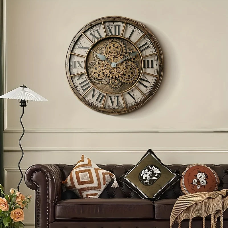 46cm Real Moving Gears Wall Clock Large Industrial Steam Punk Roman Numeral Wall Clock Living Room Home Decoration Quartz Clock