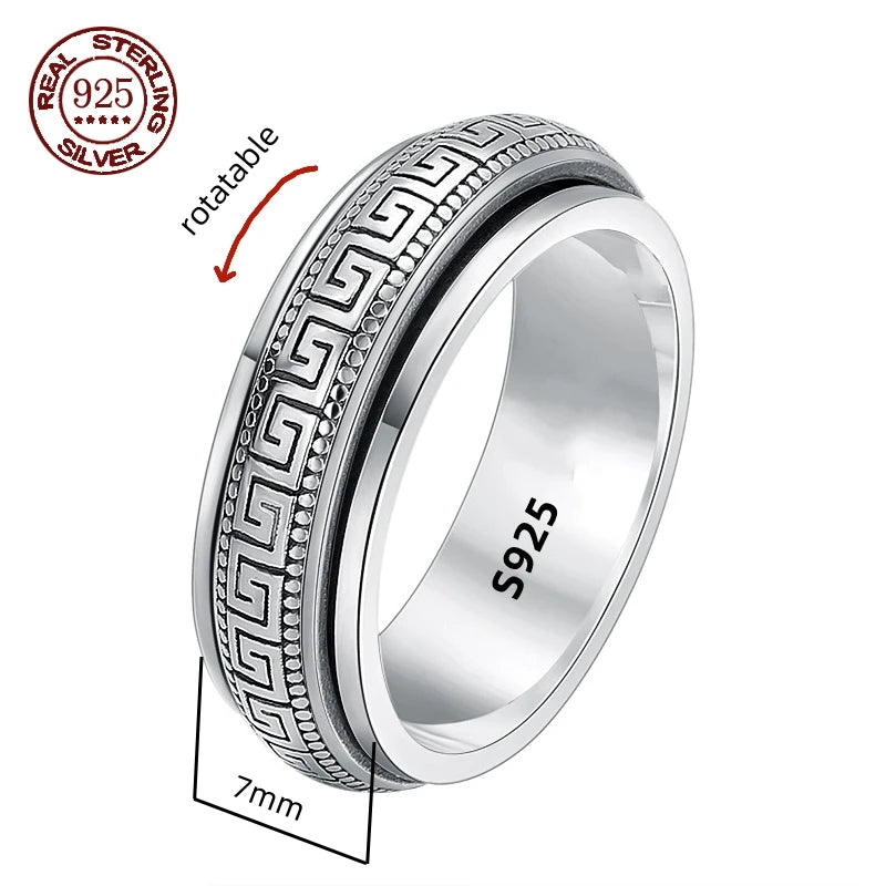 S925 Sterling Silver Ring Men Women Retro Buddhist Six-Character Great Mantra Ring Male Female Amulet Jewelry Exquisite Gift