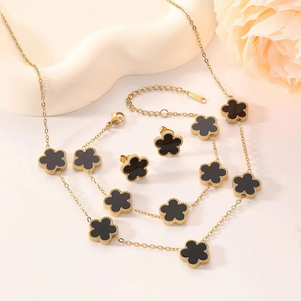 Fashion Flower Necklace Earrings Set Jewelry Women Stainless Steel White Shell Clover Bracelet Jewelry Accessories