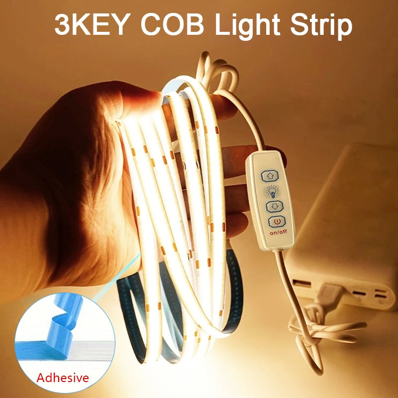 5V USB COB Led Strip Lights with 3key Dimmer Flexible Diode Tape White Warm White for Room TV Mirror Backlight Cabinet Light