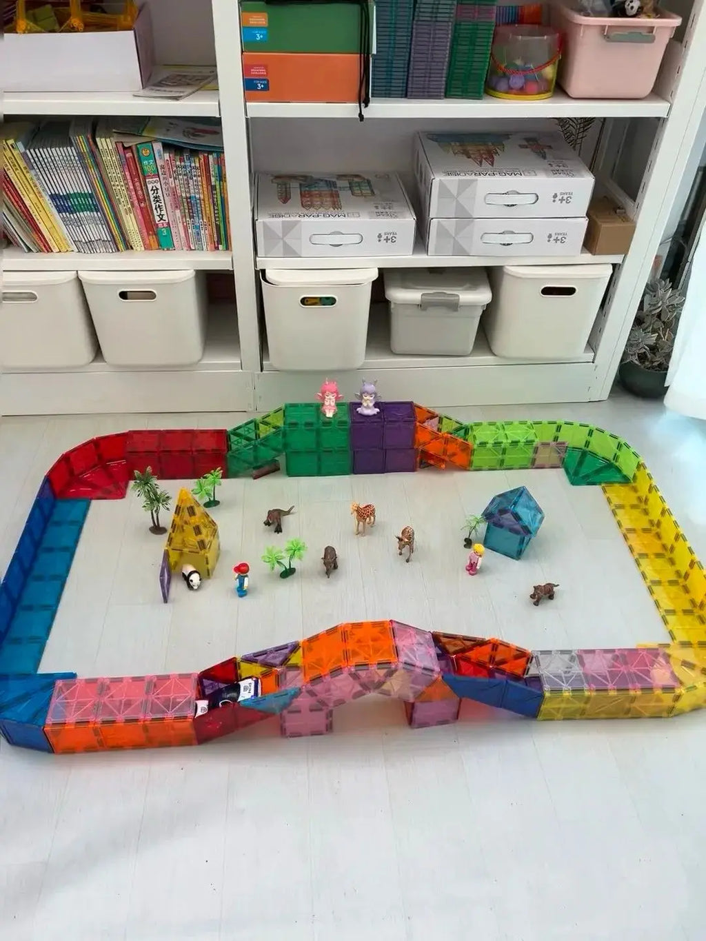 Track Car Special Magnetic Building blocks Tiles Accessories, Electric Glowing Vehicle Set with Jeep Police Car Children's Toys
