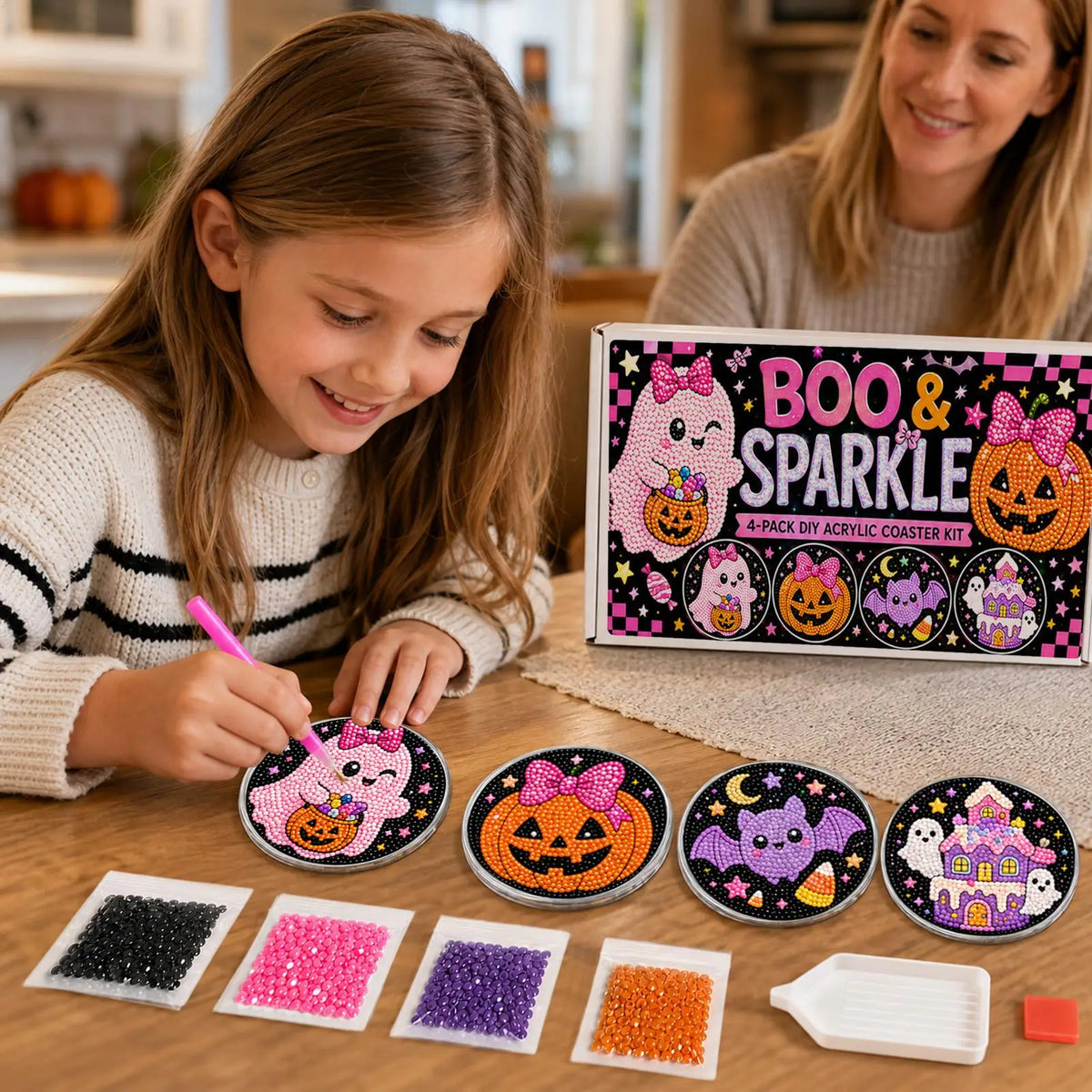 Halloween Pearl Painting Bead Kit DIY Spooky Ghost Witch Acrylic Non-Slip Coaster Making Pearl Art Craft Set for Adults Beginner