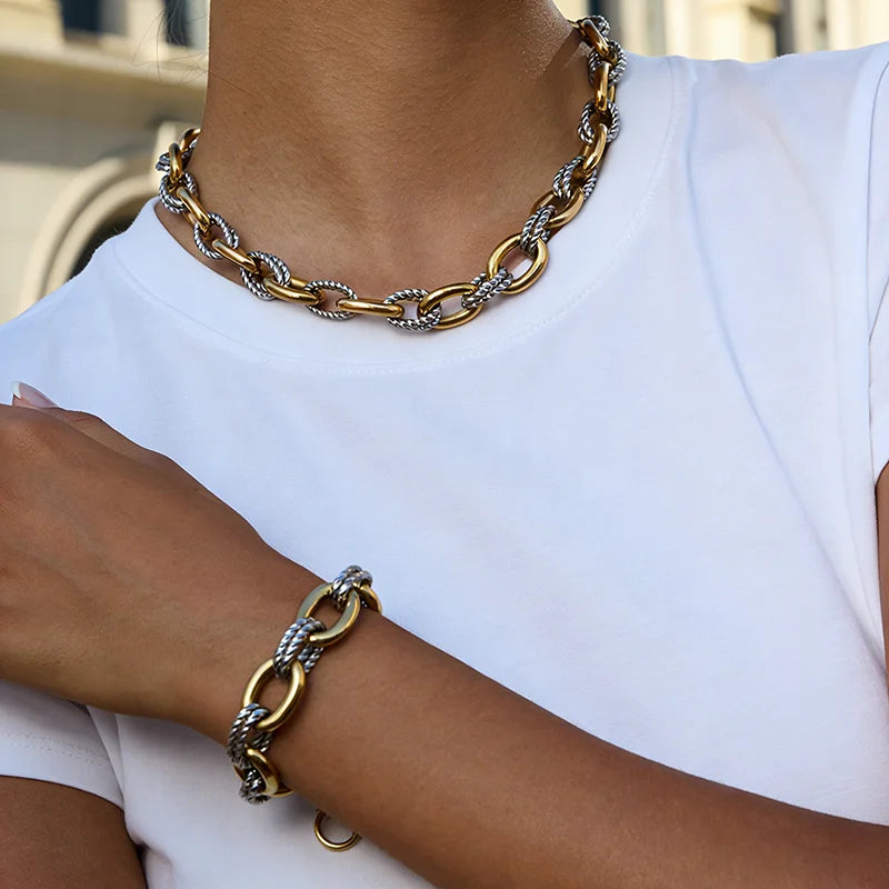EILIECK 316L Stainless Steel Double Color Oval Necklace Bracelet Set For Women Hip-Hop Punk Twists Neck Chain Jewelry Gift