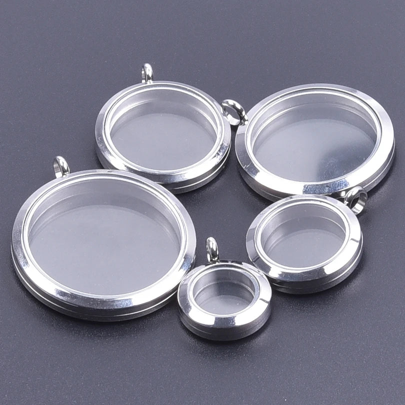 5Pcs 20-40mm Stainless Steel Glass Memory Cremation Urn Locket Pendant Openable Round Reliquary Photo Medaillon Colgantes